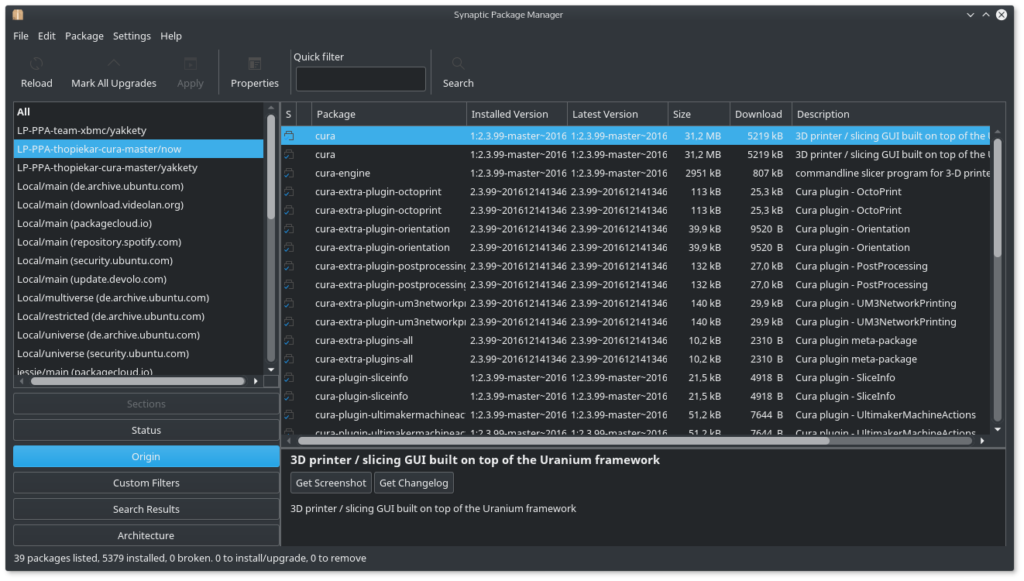 Screenshot of how to uninstall cura packages on Debian Ubuntu using APT with Synaptic