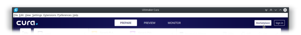 Screenshot of Ultimaker Cura's main window's head hovering marketplace button