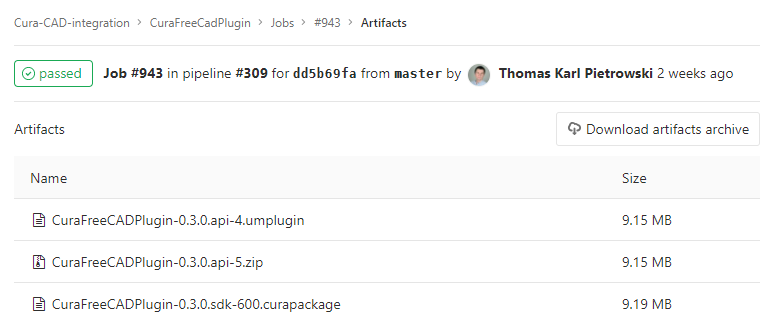 Screenshot of the artifact download page's table on git.thopiekar.eu