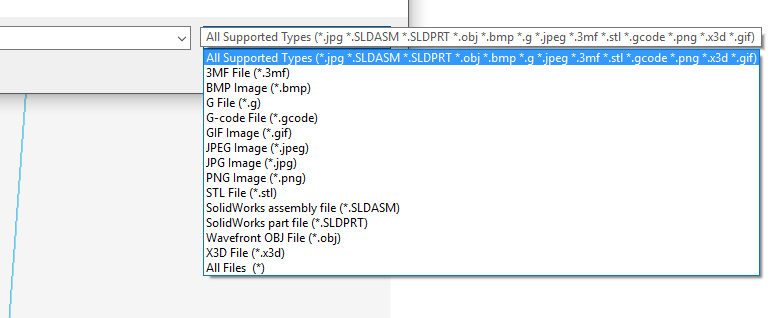 Screenshot of list with supported fileformats in Cura including SolidWorks
