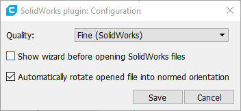 Screenshot of SolidWorks plugin's quality selection window