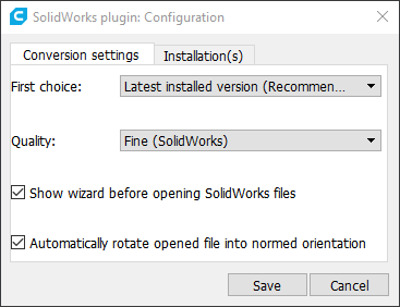 Screenshot of SolidWorks plugin's configuration window